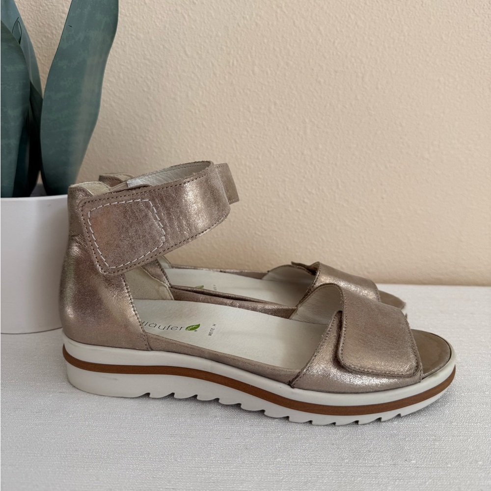 Waldlaufer Gold Metallic Leather Ankle Velcro Strap Sandals